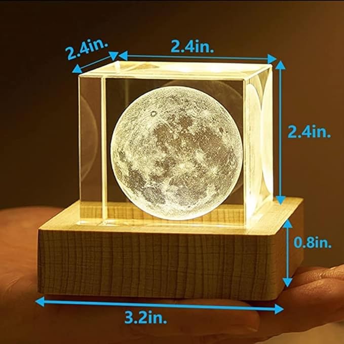 3D Crystal Cube Moon Ball with LED Night Lamp | Moon Figurine Glass Cube Decoration/Crystal Cube Laser Engraved with LED Warm Lighting 🌟 - Image 2
